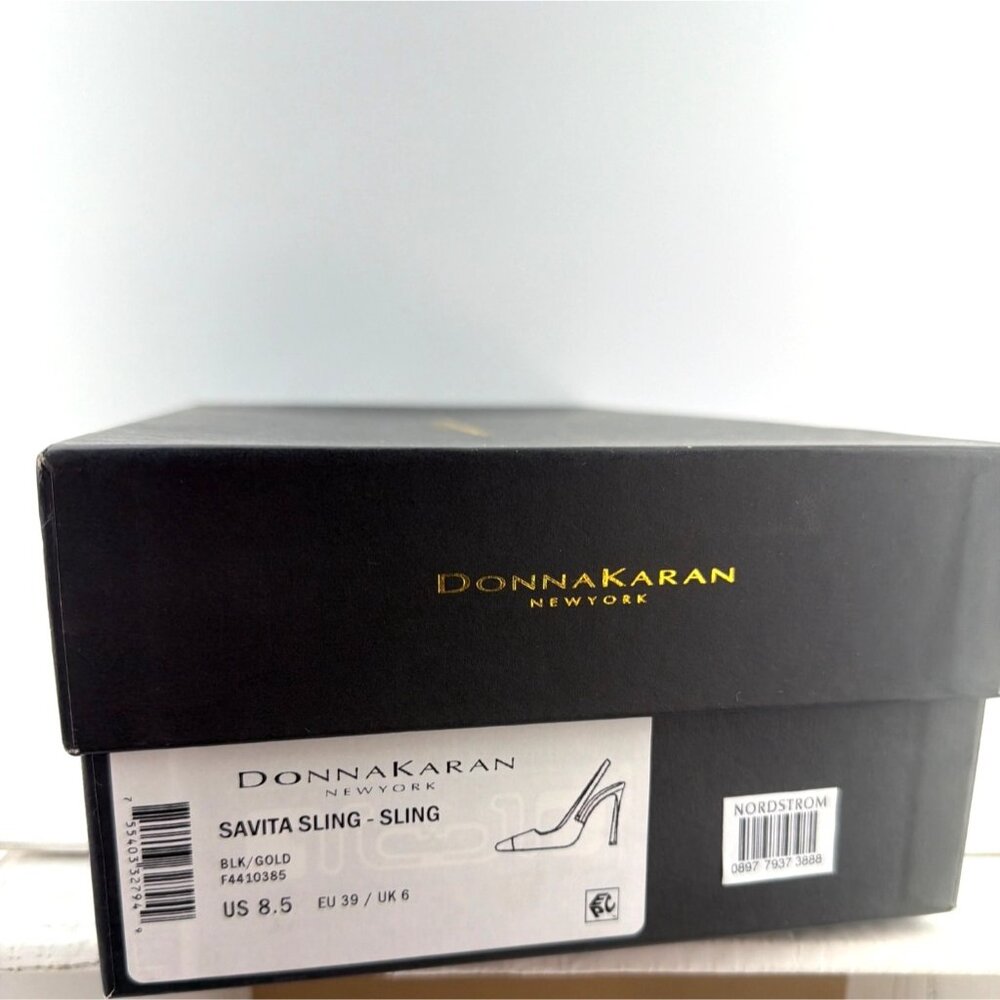 Donna Karan New York Savita Slingback Heels Black Gold Cap Toe Pumps Size 8.5 - Picture 13 of 14